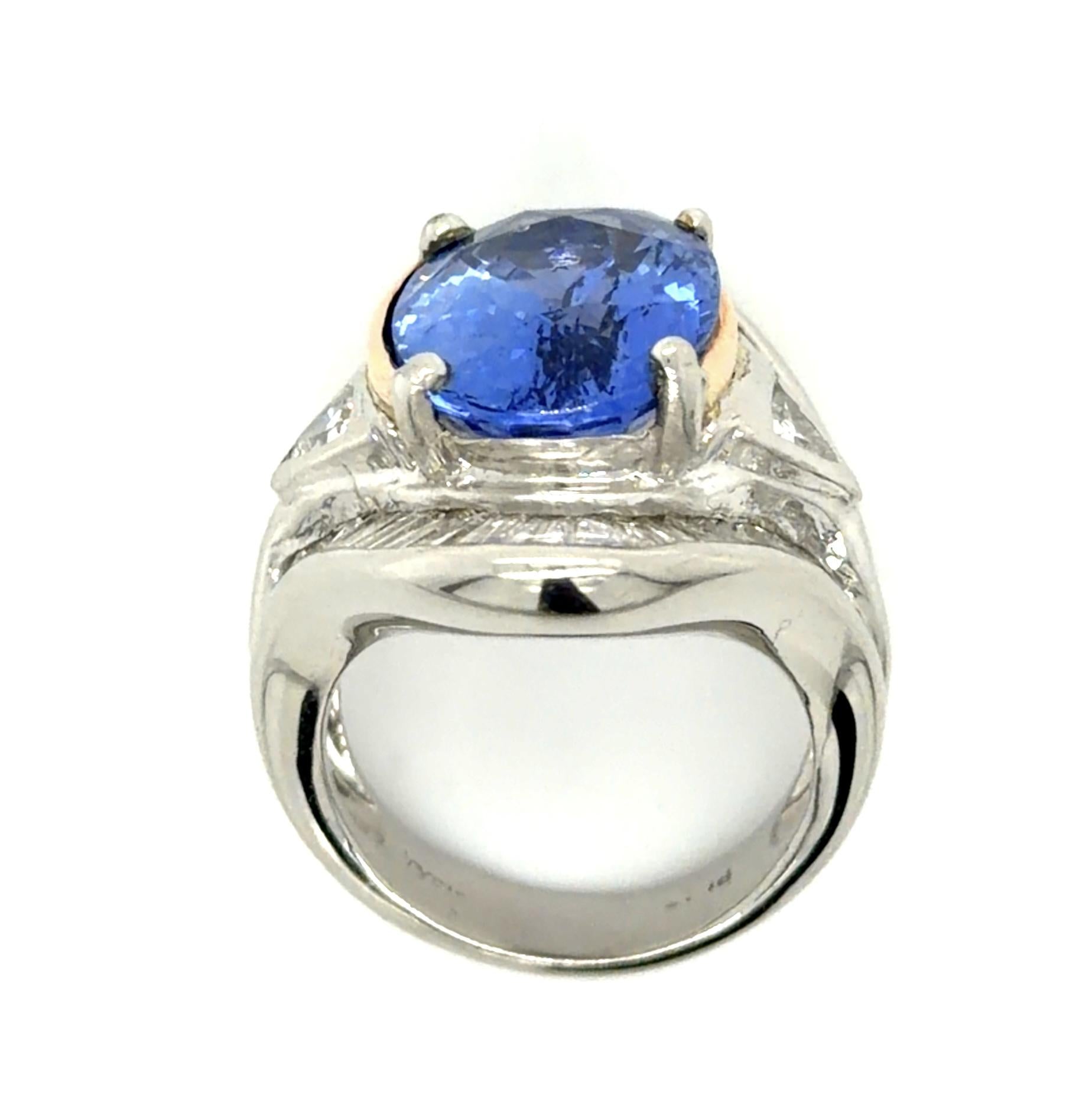 10.01ct Oval Heated Sapphire 4.50ct Baguette + Trillion Diamond Platinum Ring