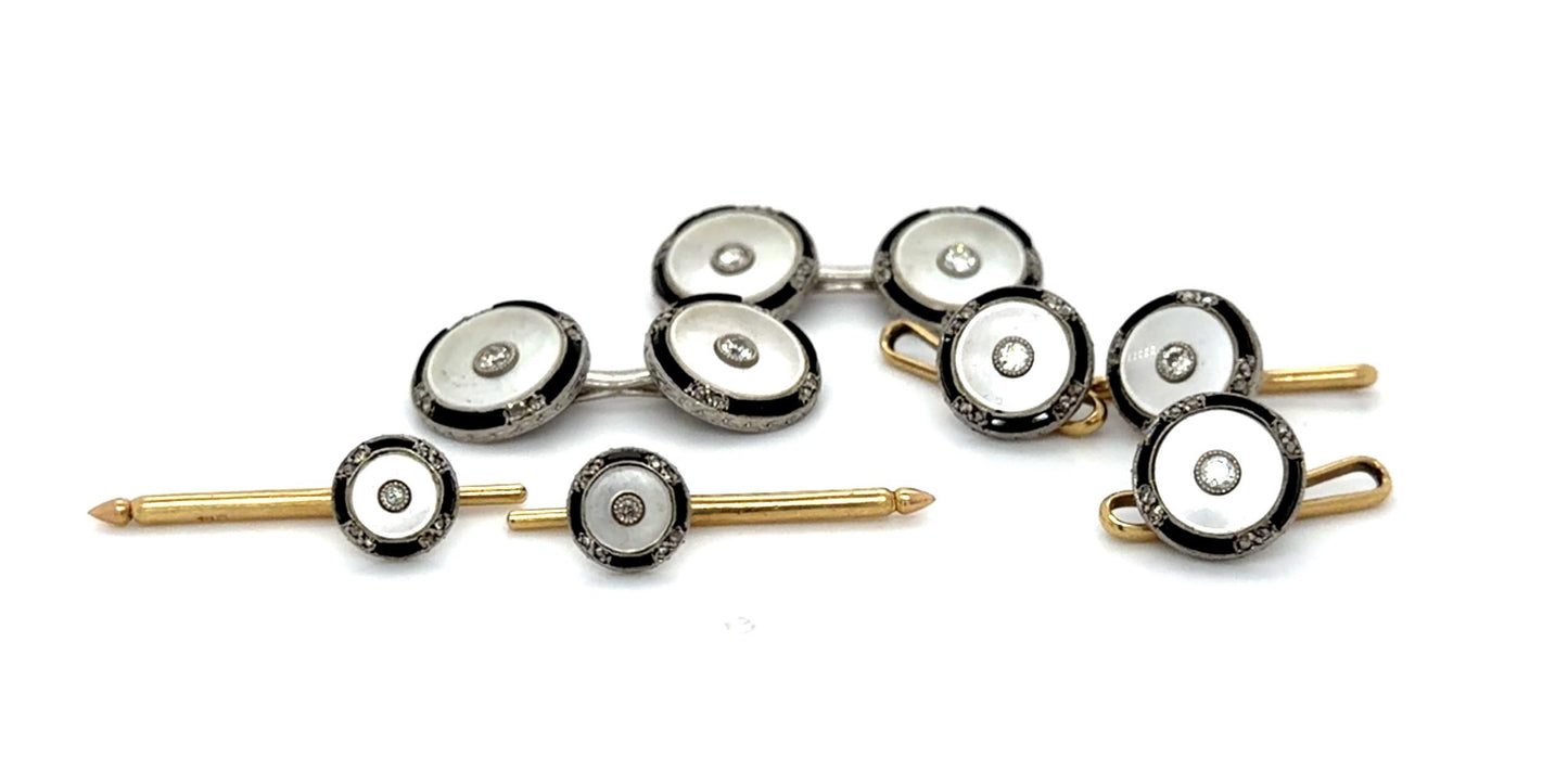 Original Art Deco 1.25ct Euro Dia Mother of Pearl + Onyx PT+18KY Gold Stud Set