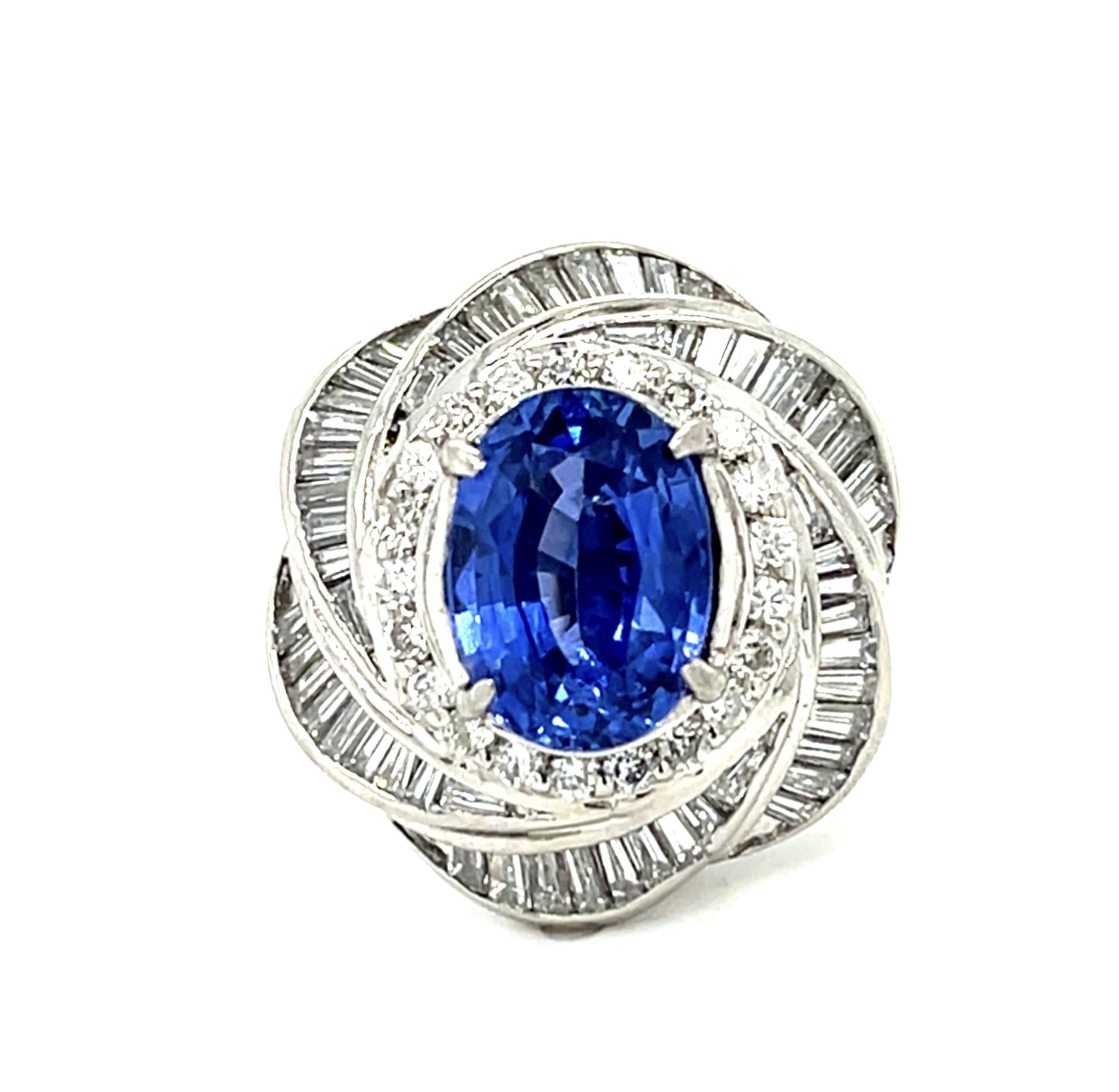 3.48ct Oval Sapphire 1.21ct Diamond Platinum Ring (Vintage 1970s) 15g 6 Size