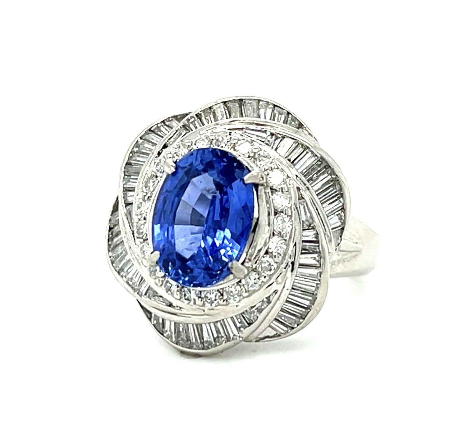 3.48ct Oval Sapphire 1.21ct Diamond Platinum Ring (Vintage 1970s) 15g 6 Size