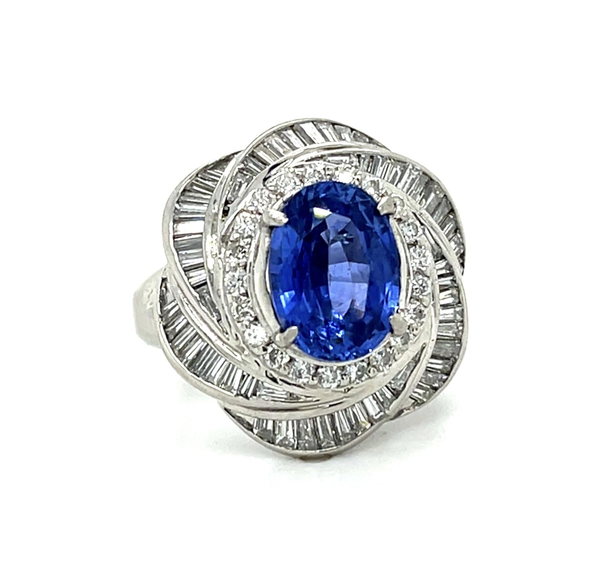 3.48ct Oval Sapphire 1.21ct Diamond Platinum Ring (Vintage 1970s) 15g 6 Size