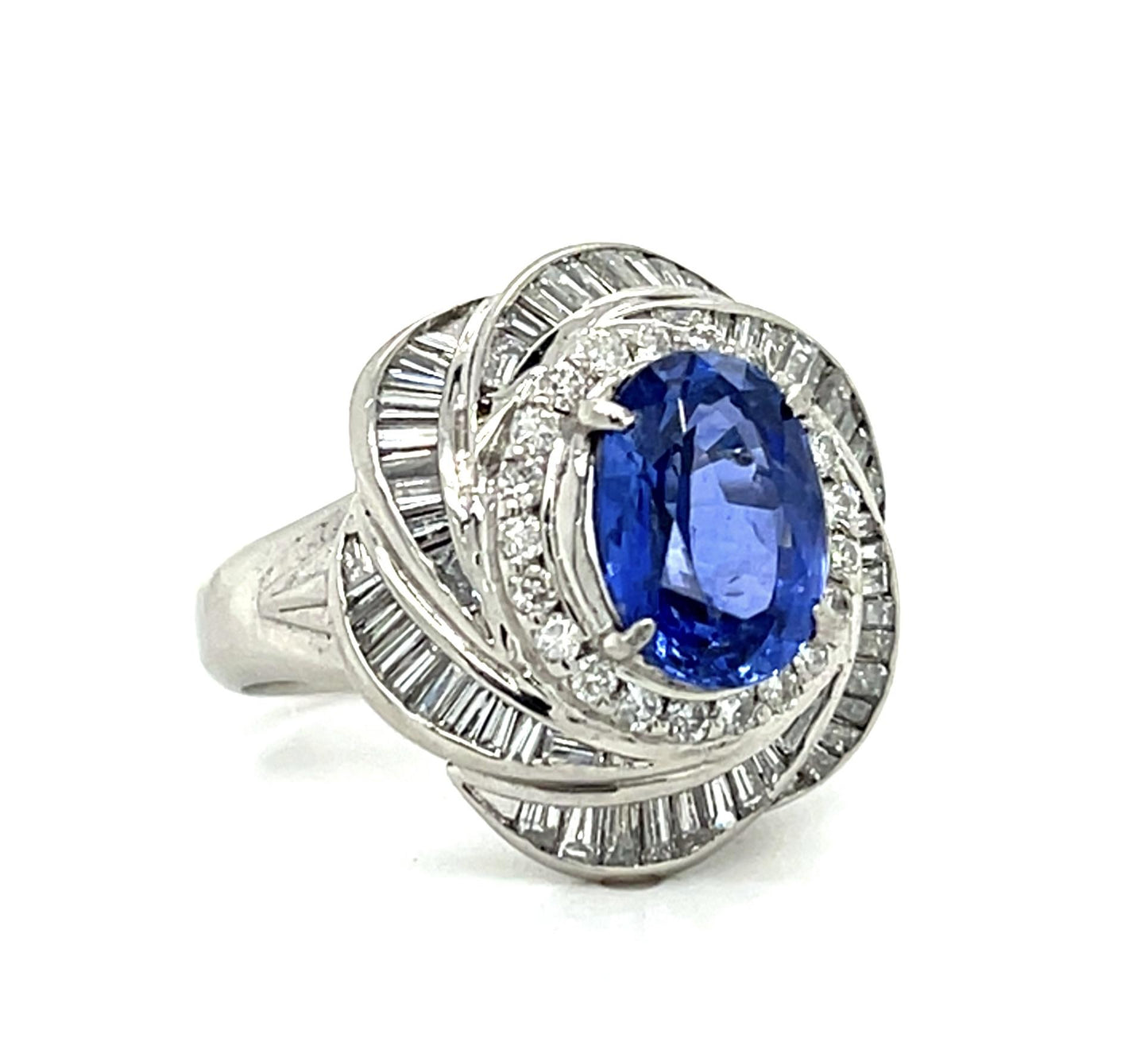 3.48ct Oval Sapphire 1.21ct Diamond Platinum Ring (Vintage 1970s) 15g 6 Size