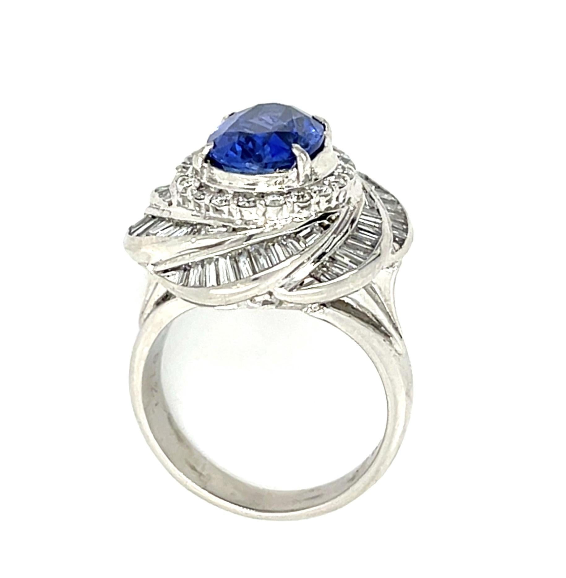 3.48ct Oval Sapphire 1.21ct Diamond Platinum Ring (Vintage 1970s) 15g 6 Size