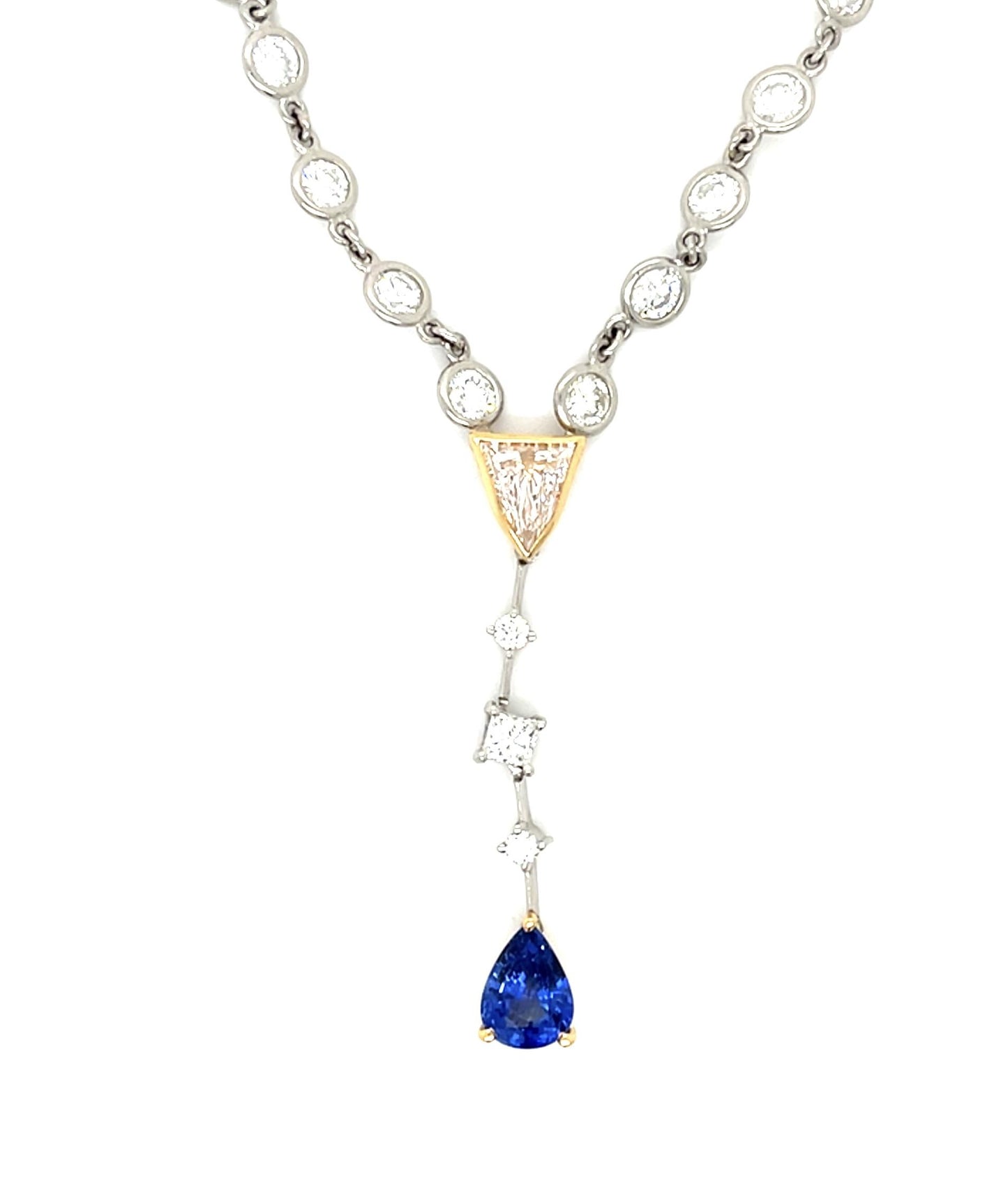 .66ct Trillion-cut Diamond 1.39ct Pear Sapphire PT+18KY Gold Necklace 4.13ct Dia
