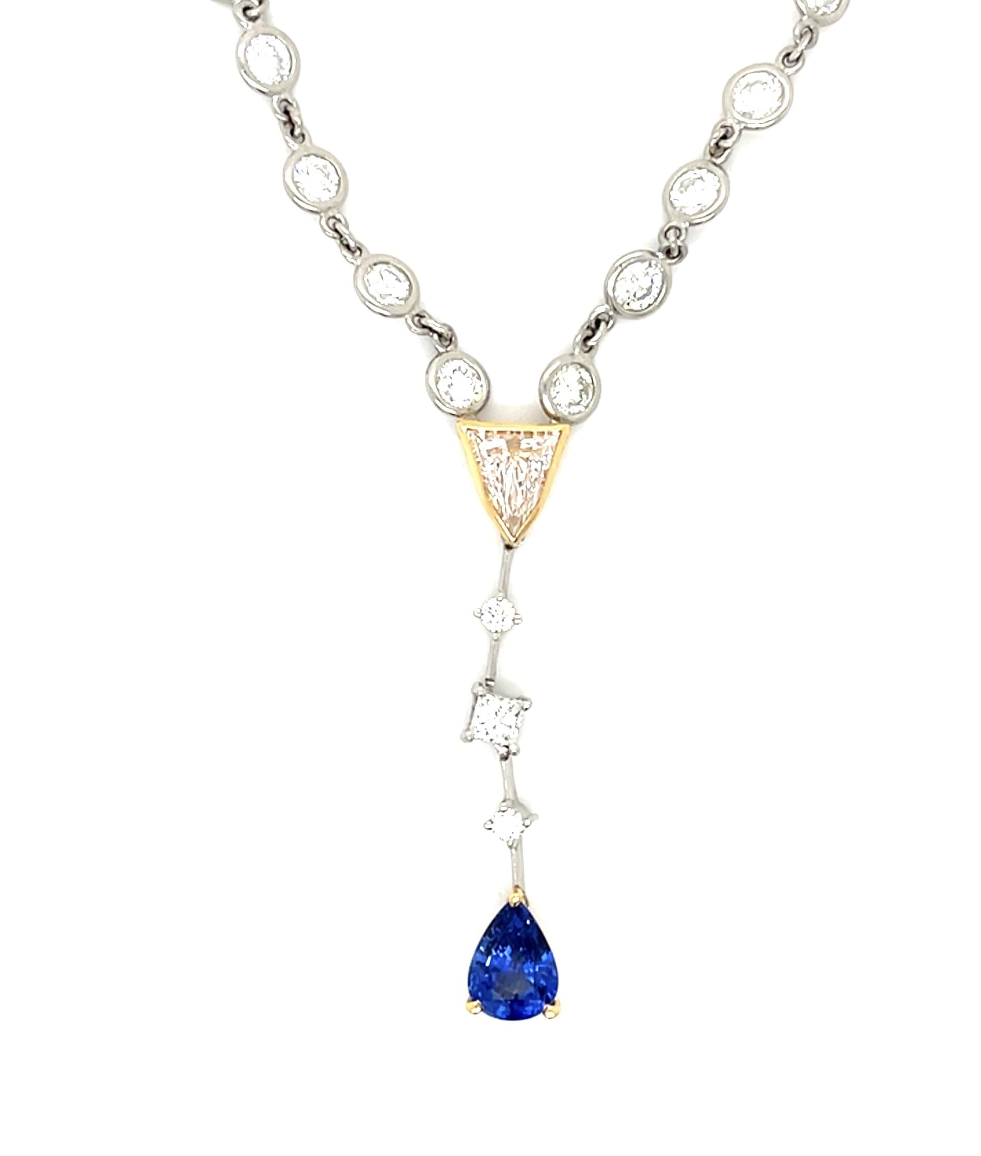 .66ct Trillion-cut Diamond 1.39ct Pear Sapphire PT+18KY Gold Necklace 4.13ct Dia