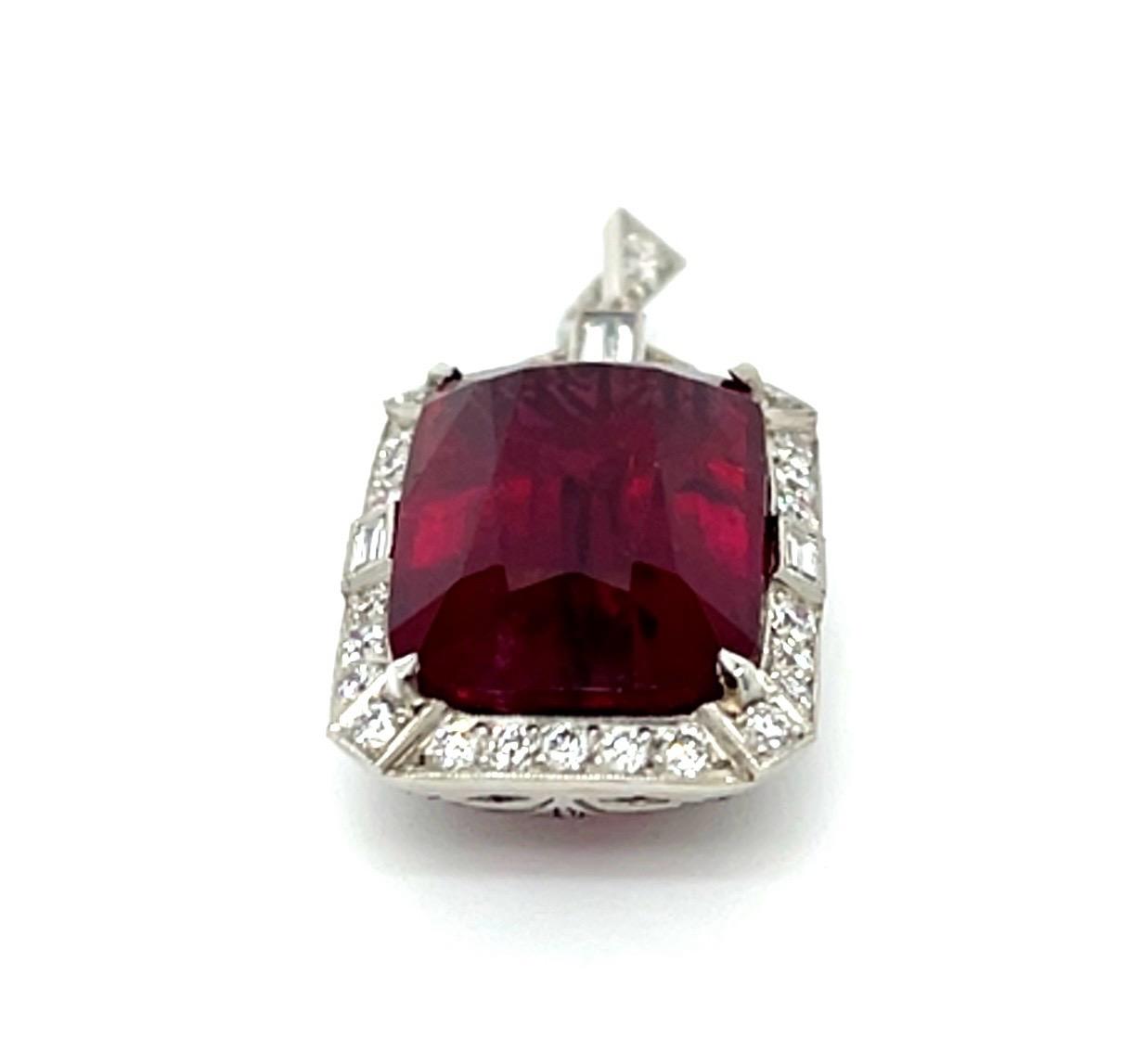 19.99ct Rubellite Tourmaline Platinum Handmade Pendant .21ct Baguette Dia .64ct