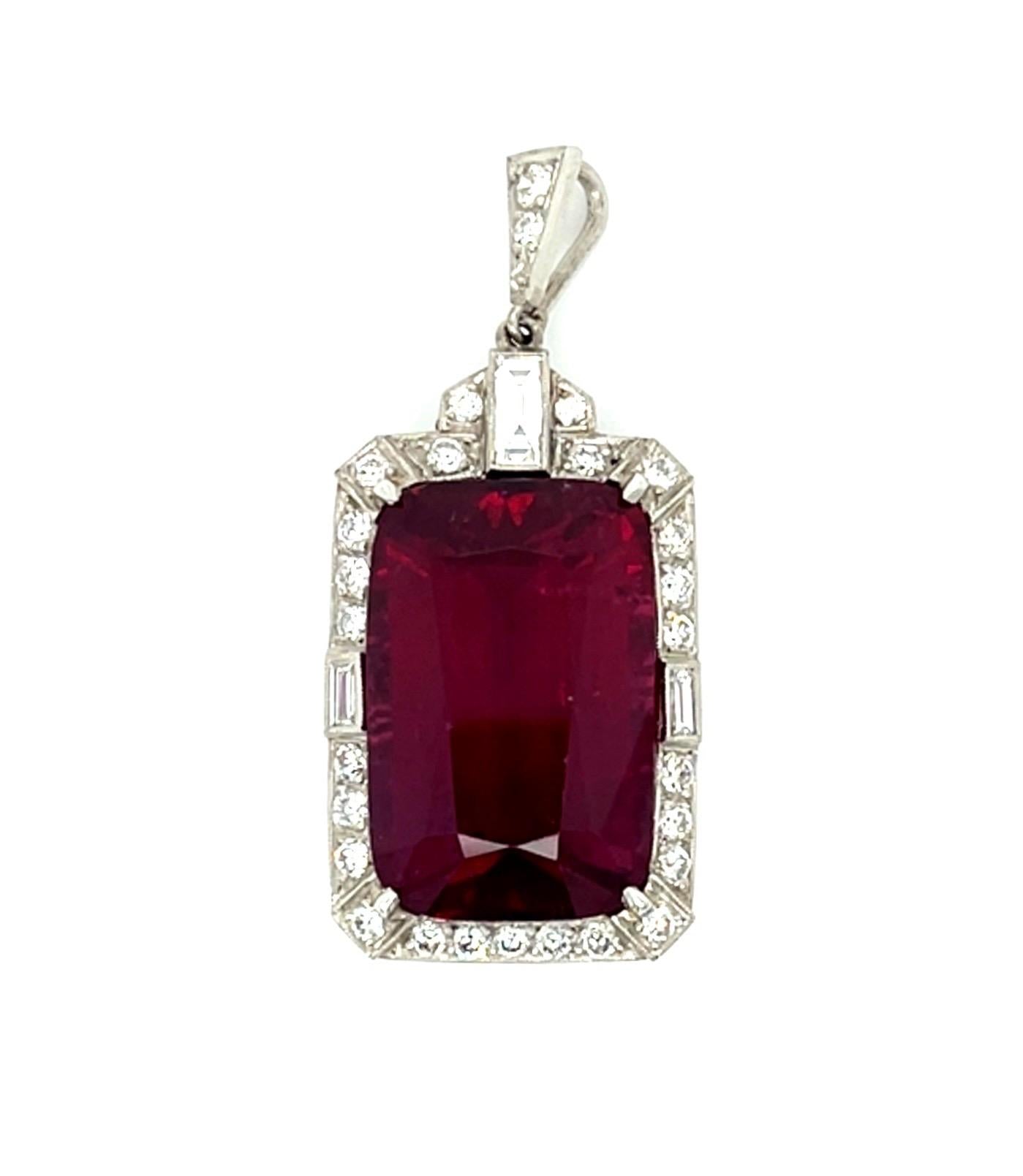 19.99ct Rubellite Tourmaline Platinum Handmade Pendant .21ct Baguette Dia .64ct