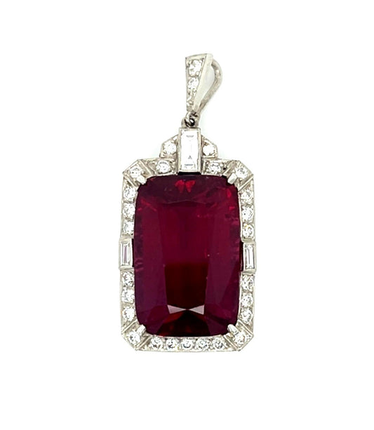 19.99ct Rubellite Tourmaline Platinum Handmade Pendant .21ct Baguette Dia .64ct