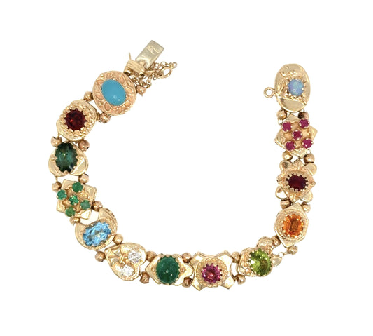 13.50ct Multicolor Gemstone 14KY Gold Bracelet (Vintage 1960s) 7" 27.60g