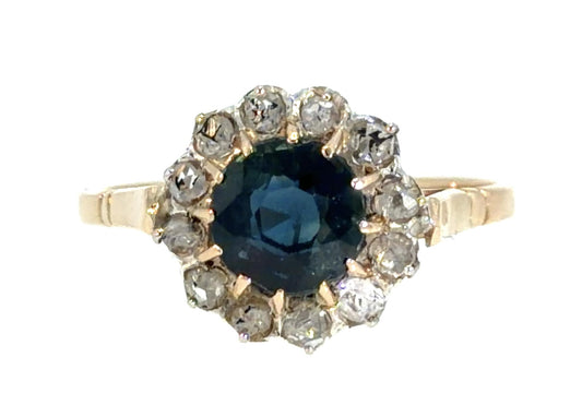Original Victorian .60ct No Heat Sapphire .50ct Diamond Silver+14KY Gold Ring