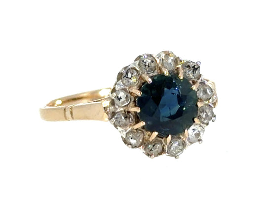 Original Victorian .60ct No Heat Sapphire .50ct Diamond Silver+14KY Gold Ring