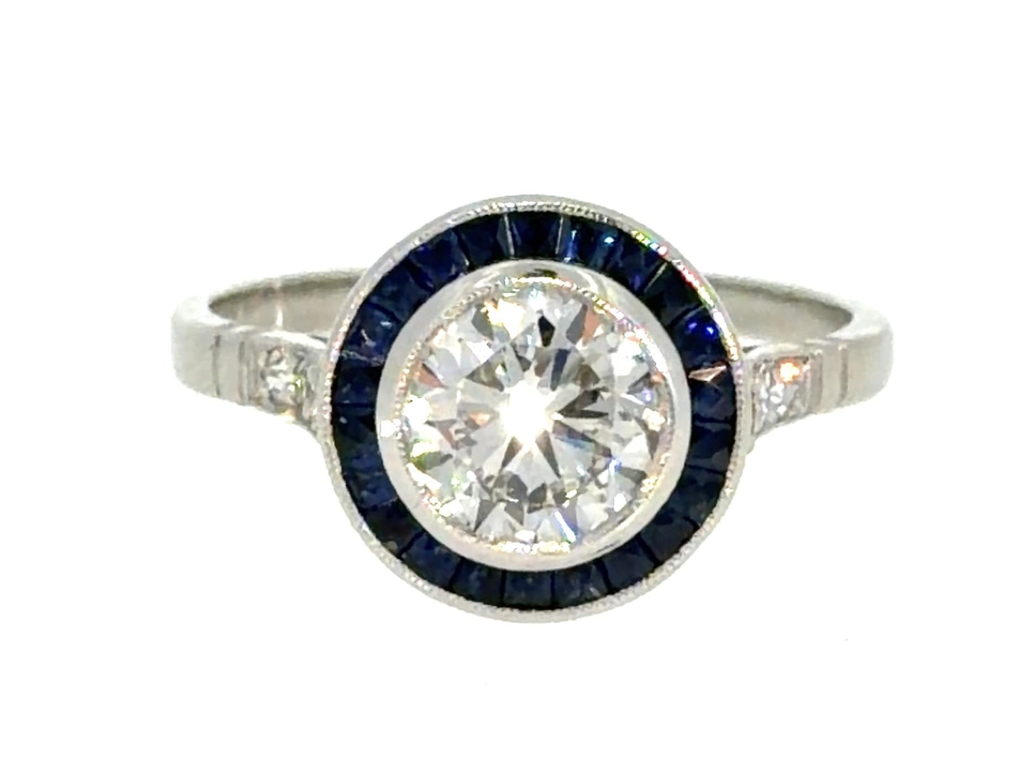 1.17ct Round Diamond .70ct French-cut Sapphire PT Handmade Ring 4.1g 7.25 Size