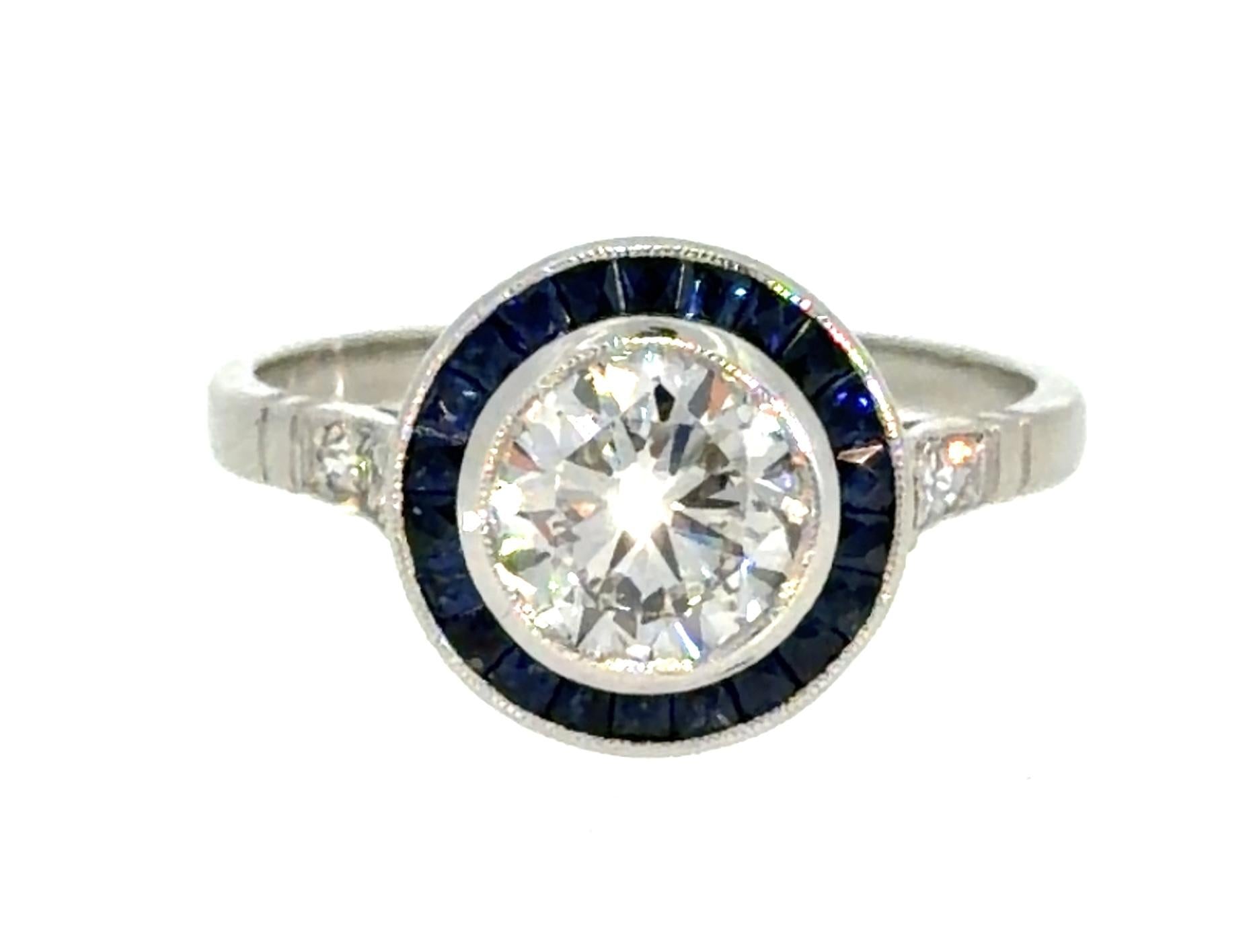 1.17ct Round Diamond .70ct French-cut Sapphire PT Handmade Ring 4.1g 7.25 Size