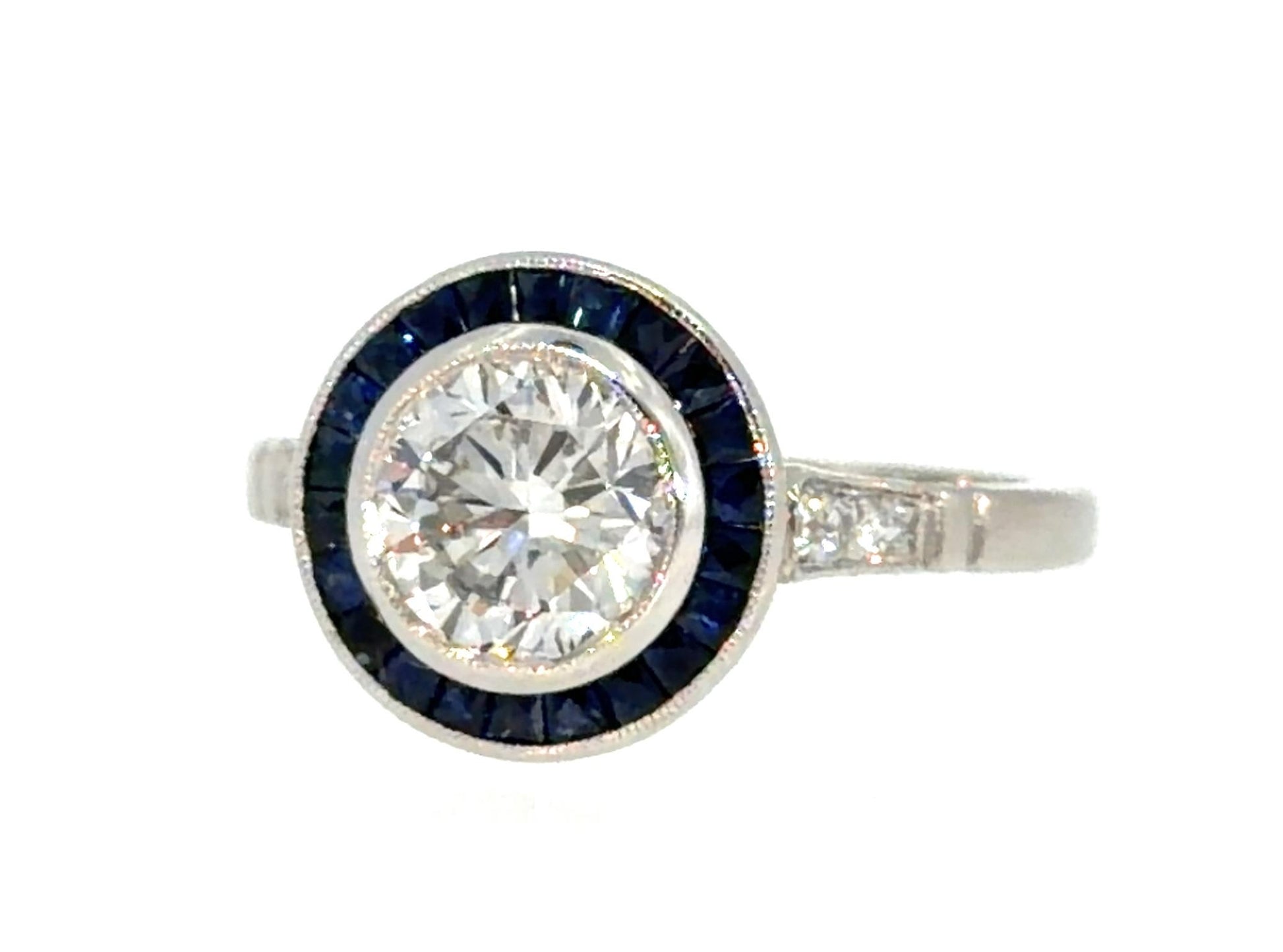 1.17ct Round Diamond .70ct French-cut Sapphire PT Handmade Ring 4.1g 7.25 Size