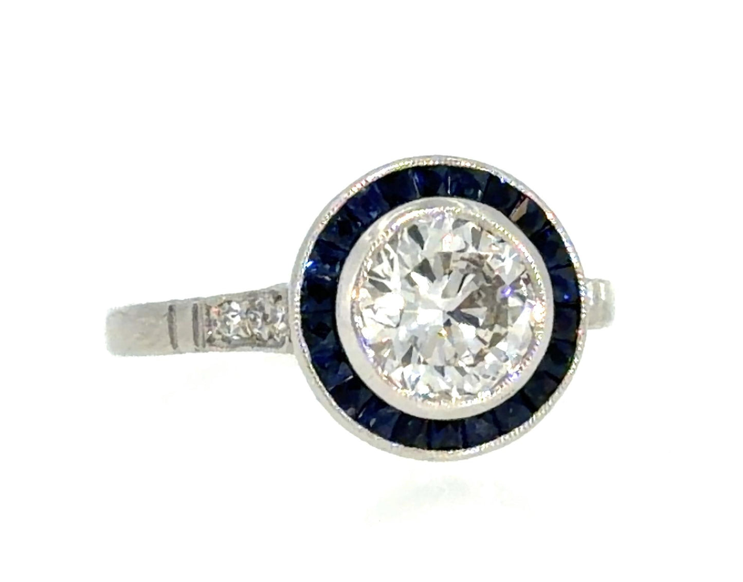 1.17ct Round Diamond .70ct French-cut Sapphire PT Handmade Ring 4.1g 7.25 Size
