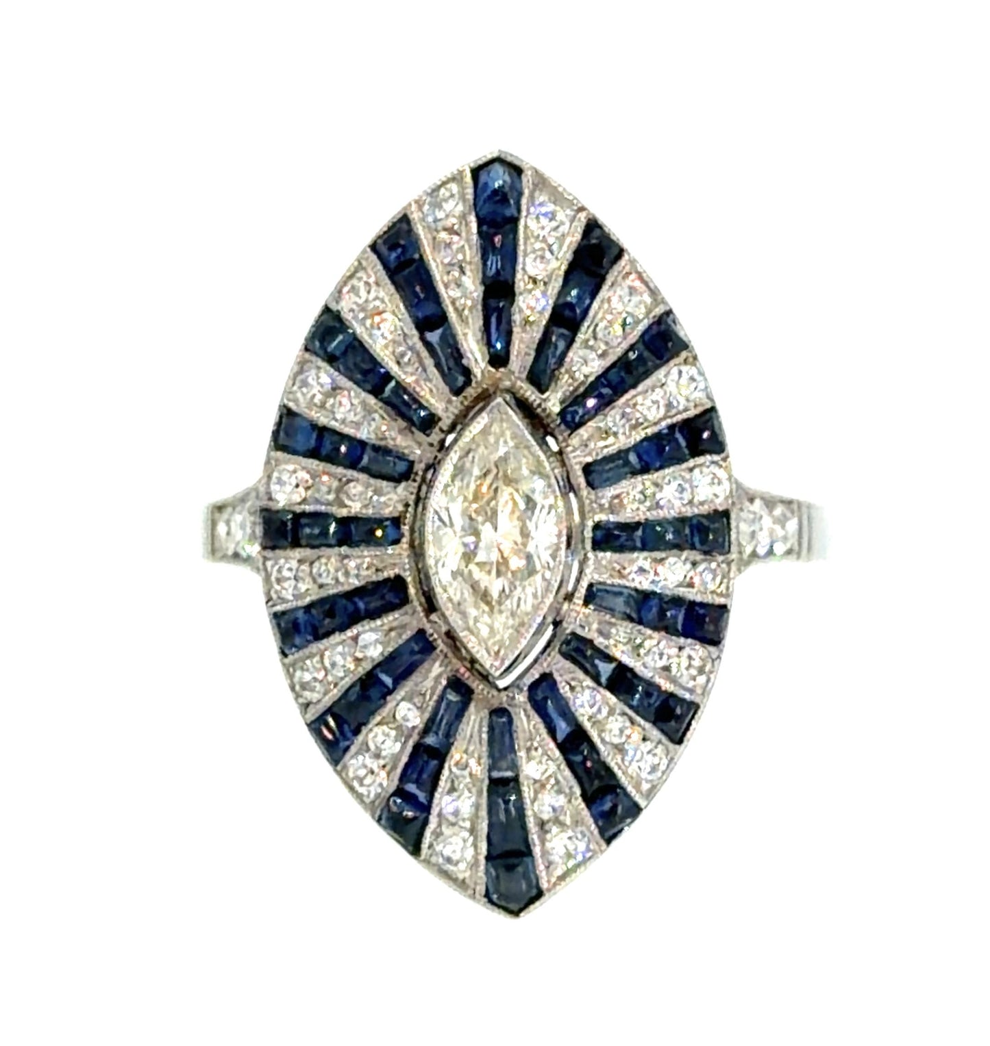 .50ct (J SI No Cert) Marquise Diamond 3ct Cabochon Sapphire PT Handmade Ring