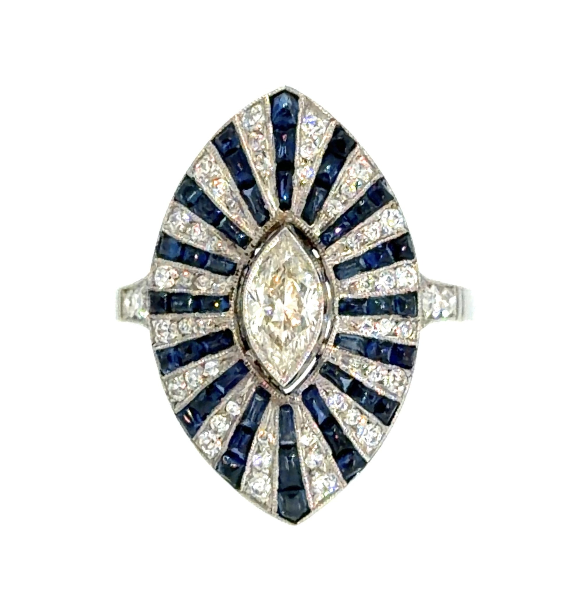 .50ct (J SI No Cert) Marquise Diamond 3ct Cabochon Sapphire PT Handmade Ring