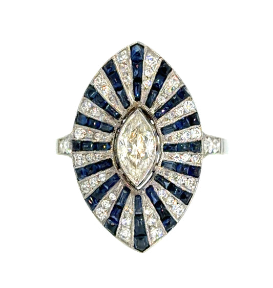 .50ct (J SI No Cert) Marquise Diamond 3ct Cabochon Sapphire PT Handmade Ring