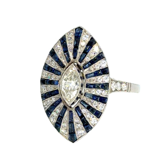 .50ct (J SI No Cert) Marquise Diamond 3ct Cabochon Sapphire PT Handmade Ring