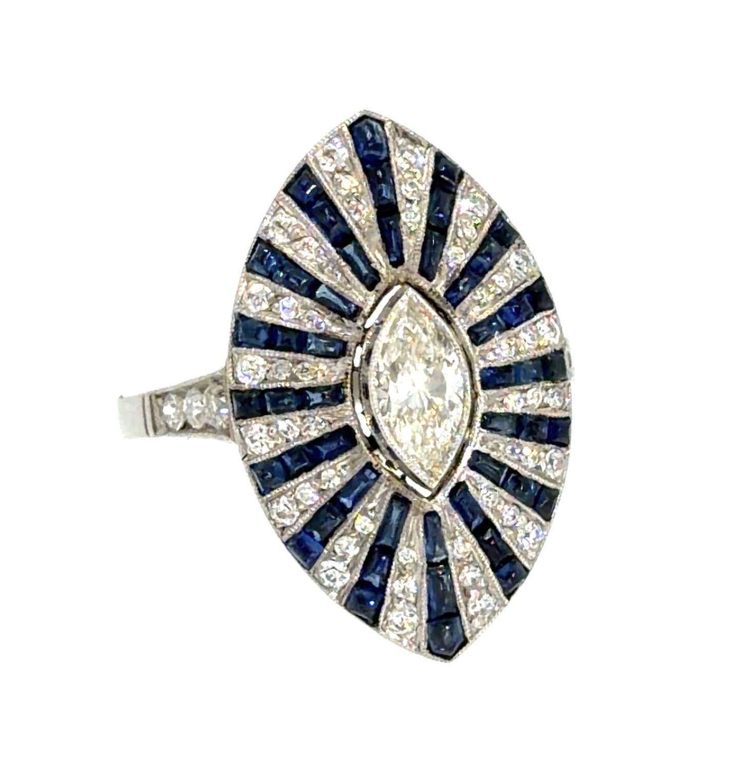 .50ct (J SI No Cert) Marquise Diamond 3ct Cabochon Sapphire PT Handmade Ring