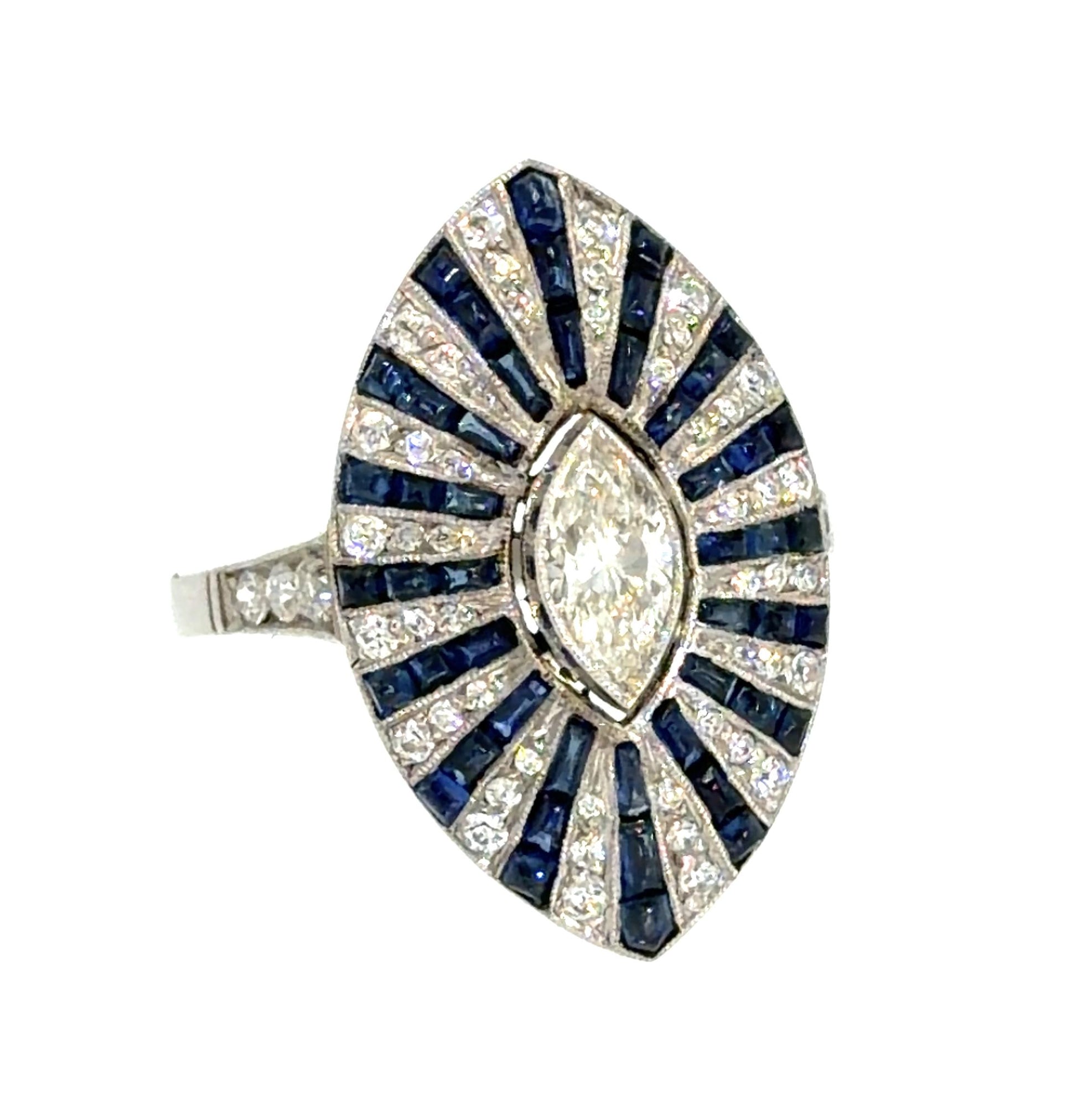 .50ct (J SI No Cert) Marquise Diamond 3ct Cabochon Sapphire PT Handmade Ring