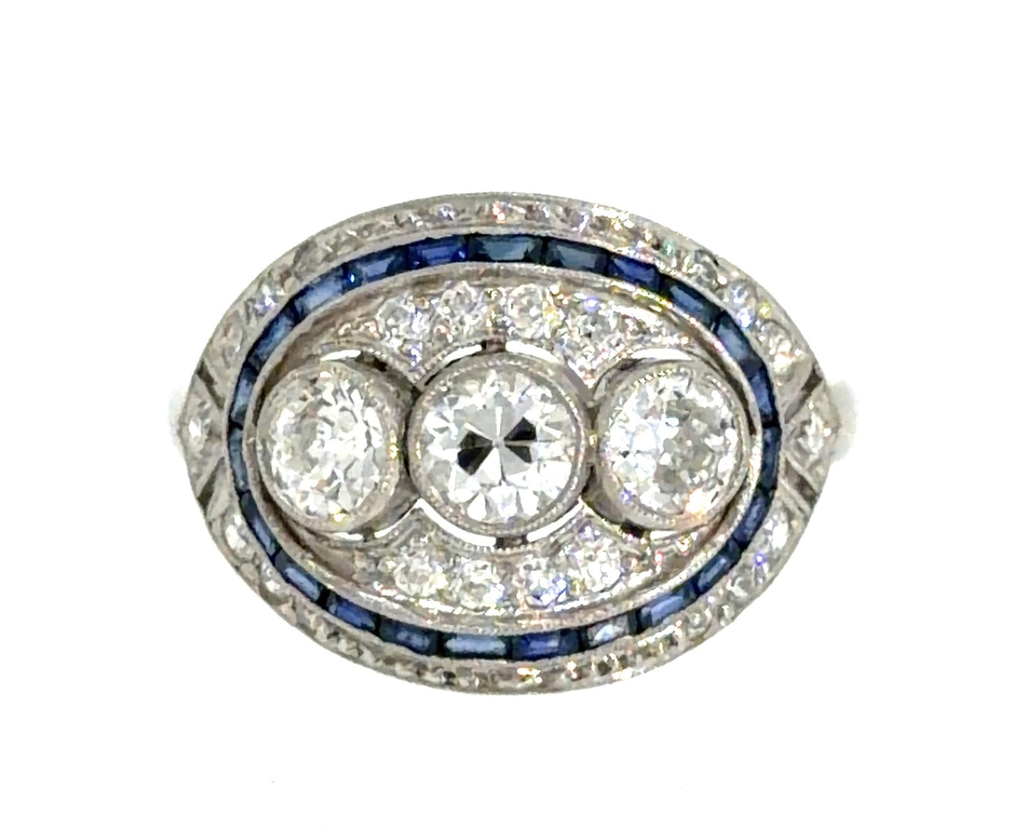 3ct (H VS No Cert Three Center Old Euro Dia) .70ct Sapphire PT Handmade Ring