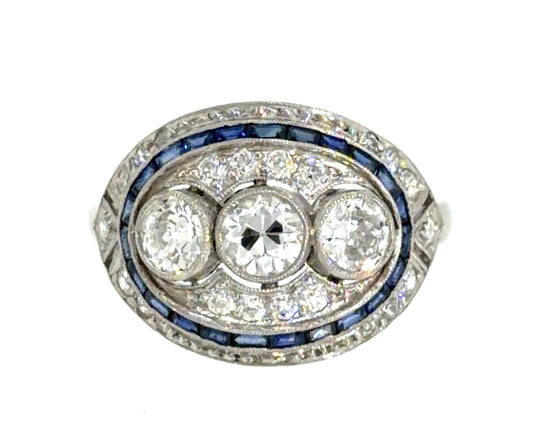 3ct (H VS No Cert Three Center Old Euro Dia) .70ct Sapphire PT Handmade Ring