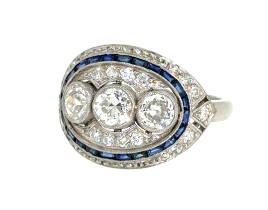 3ct (H VS No Cert Three Center Old Euro Dia) .70ct Sapphire PT Handmade Ring