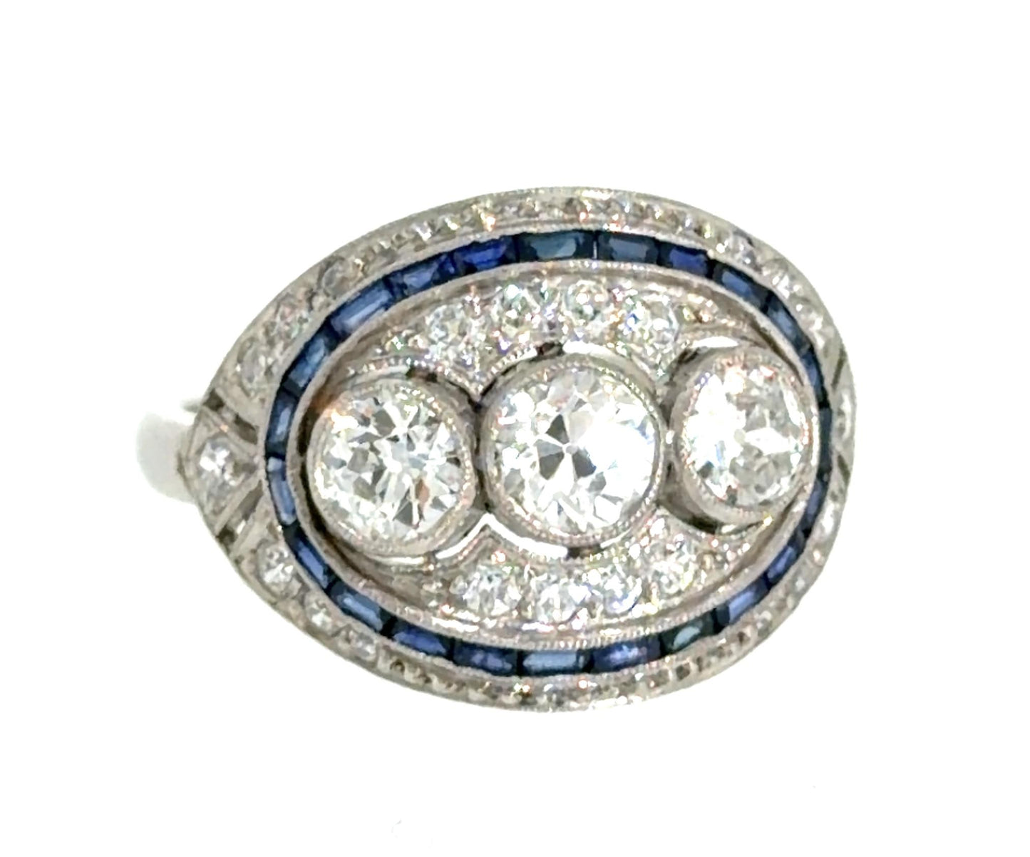 3ct (H VS No Cert Three Center Old Euro Dia) .70ct Sapphire PT Handmade Ring