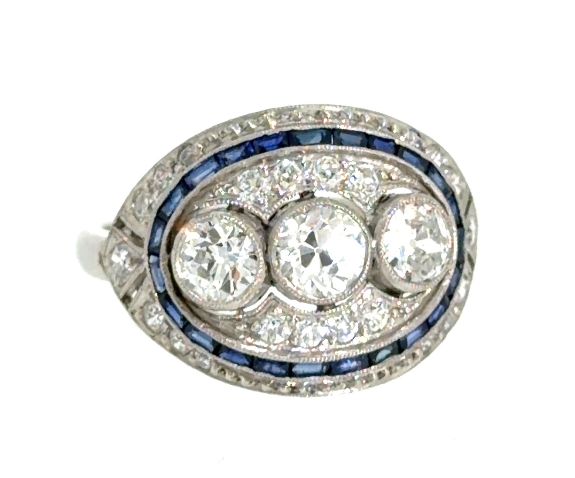 3ct (H VS No Cert Three Center Old Euro Dia) .70ct Sapphire PT Handmade Ring
