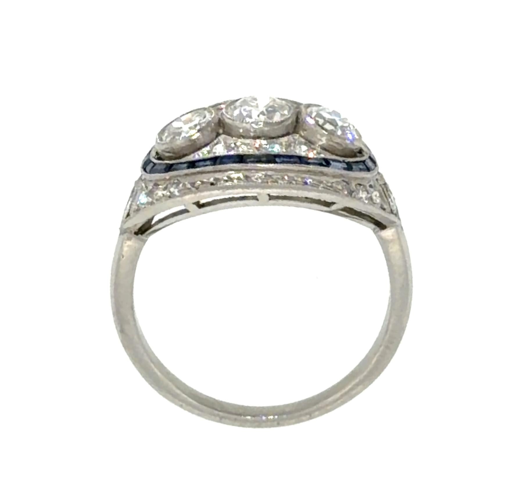 3ct (H VS No Cert Three Center Old Euro Dia) .70ct Sapphire PT Handmade Ring