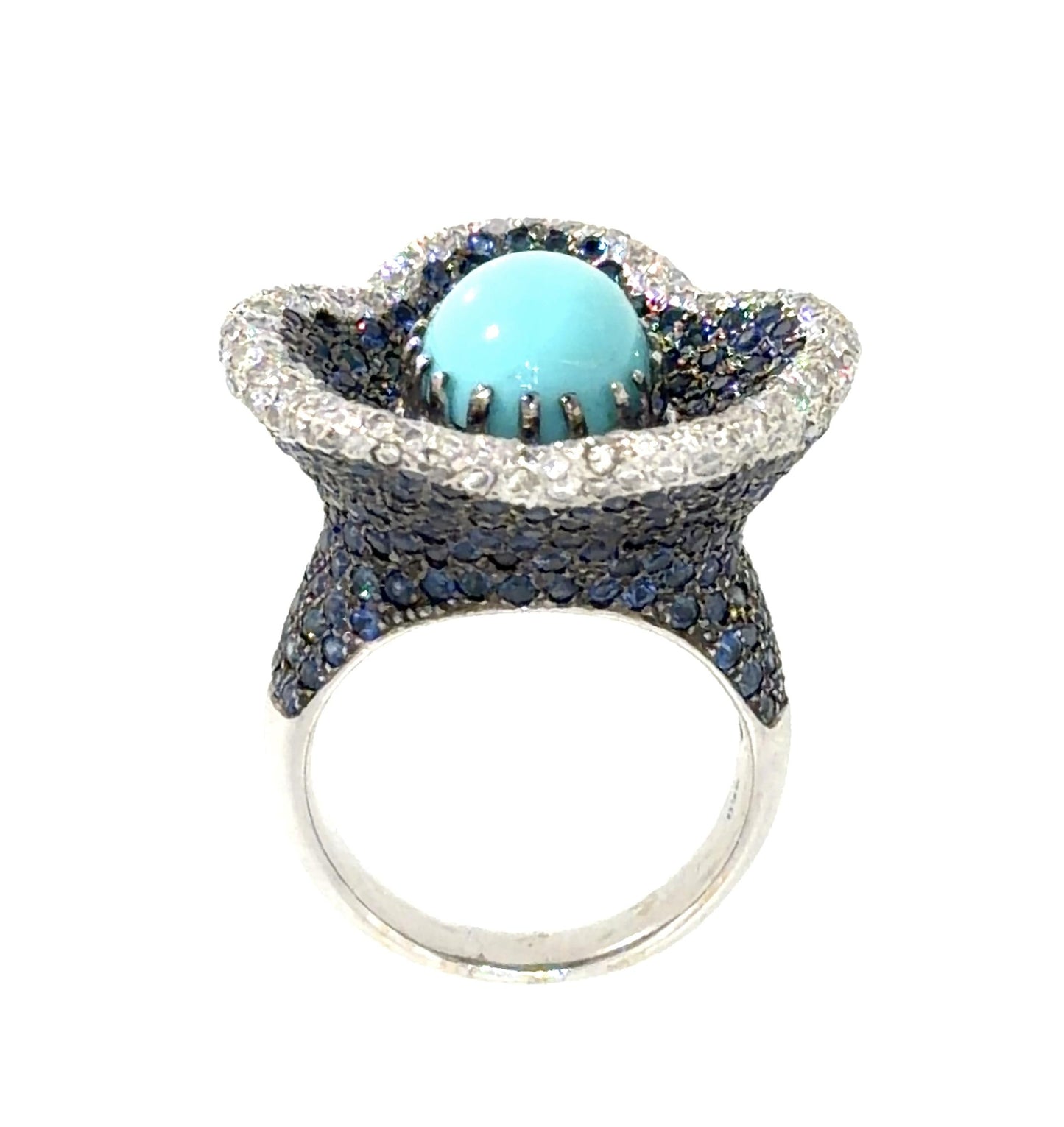 5ct Cabochon Turquoise 6.50ct Sapphire 6.50ct Diamond 18KW Gold Ring 17g 7 Size