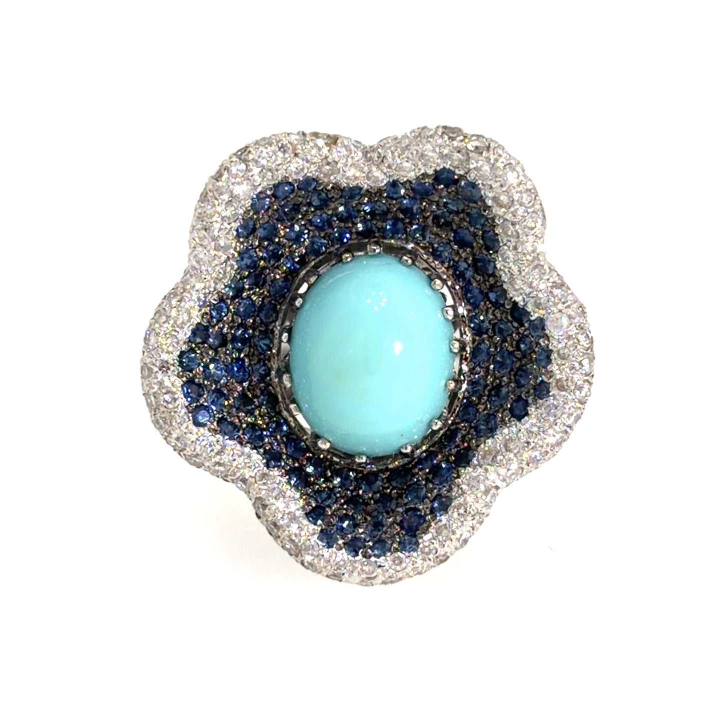 5ct Cabochon Turquoise 6.50ct Sapphire 6.50ct Diamond 18KW Gold Ring 17g 7 Size