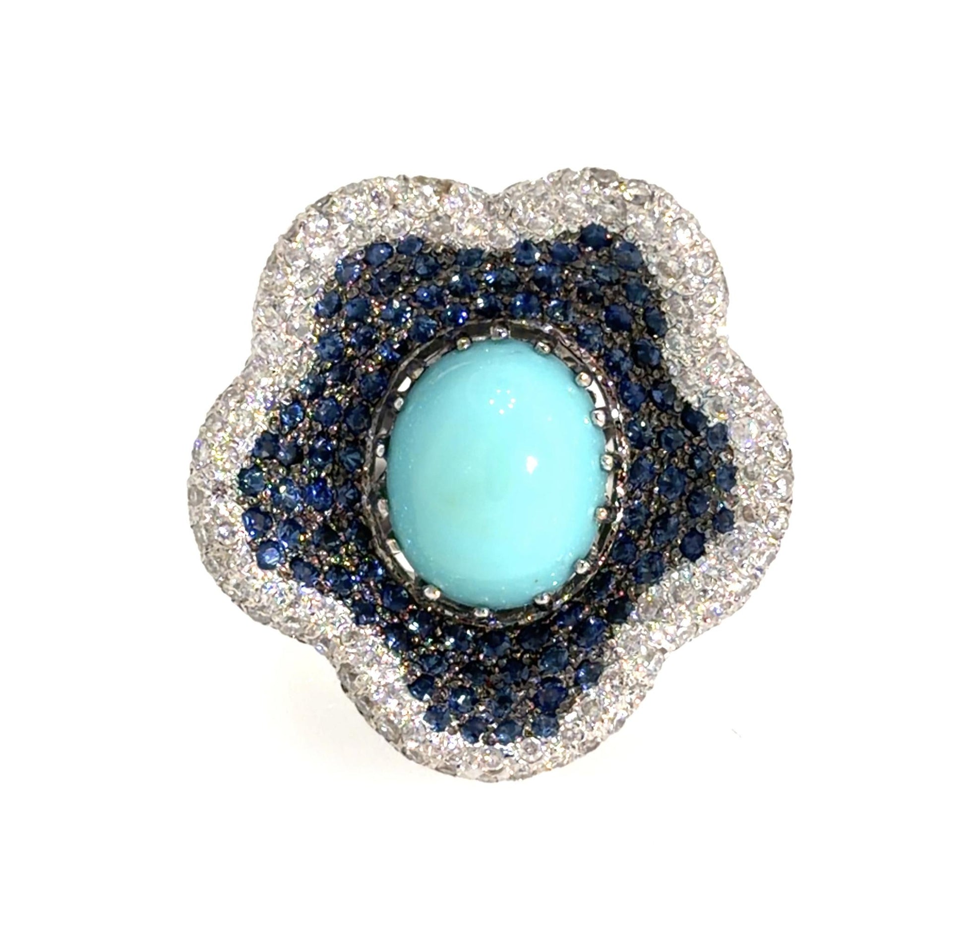 5ct Cabochon Turquoise 6.50ct Sapphire 6.50ct Diamond 18KW Gold Ring 17g 7 Size