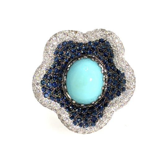 5ct Cabochon Turquoise 6.50ct Sapphire 6.50ct Diamond 18KW Gold Ring 17g 7 Size