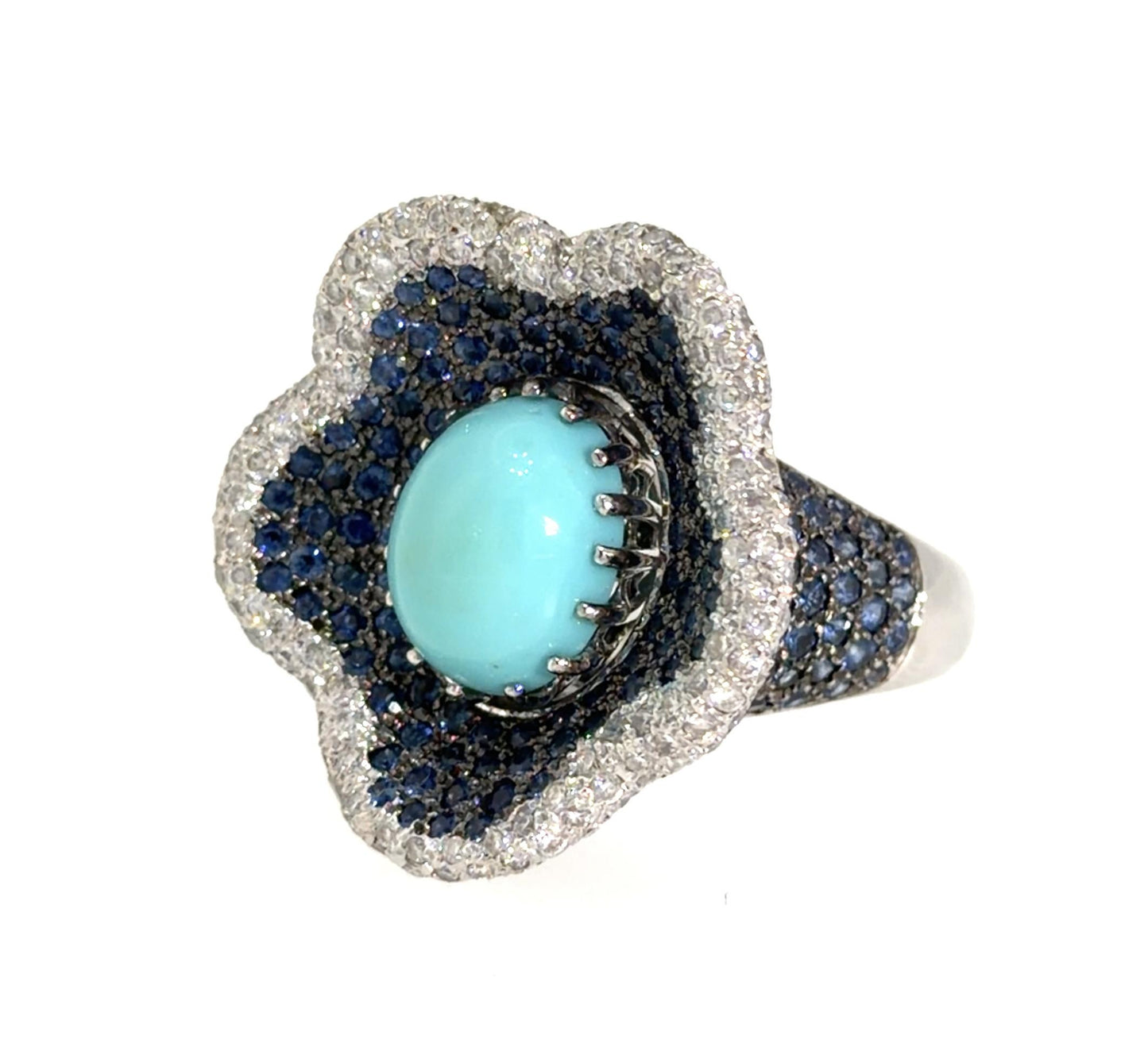 5ct Cabochon Turquoise 6.50ct Sapphire 6.50ct Diamond 18KW Gold Ring 17g 7 Size