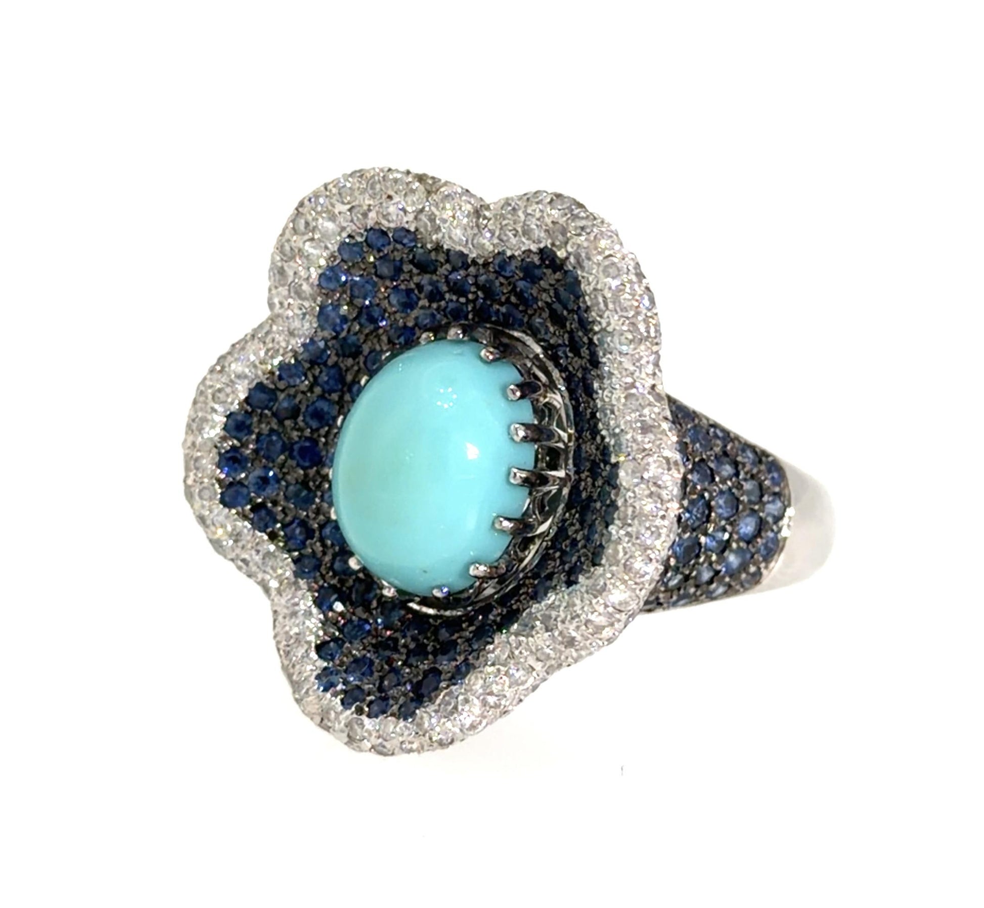 5ct Cabochon Turquoise 6.50ct Sapphire 6.50ct Diamond 18KW Gold Ring 17g 7 Size