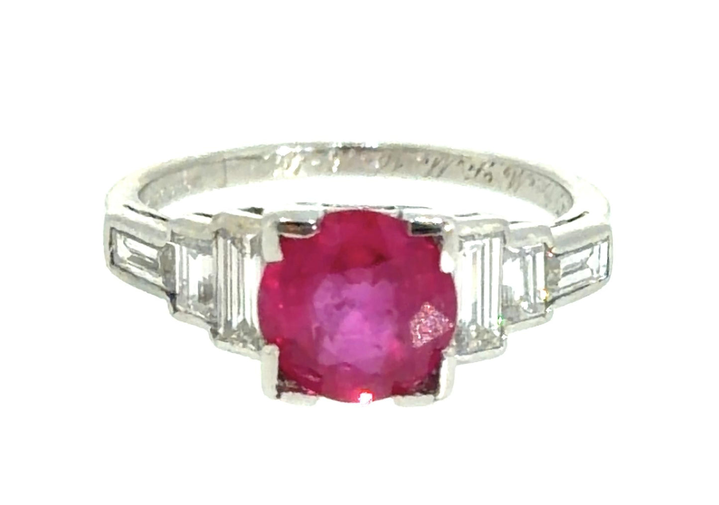 Art Deco 1.51ct Round Ruby .78ct Baguette Diamond Platinum Ring (Vintage 1930s)