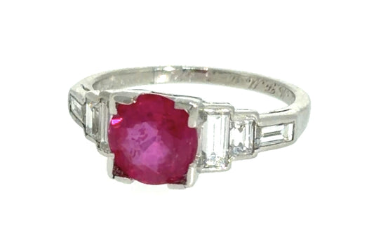 Art Deco 1.51ct Round Ruby .78ct Baguette Diamond Platinum Ring (Vintage 1930s)