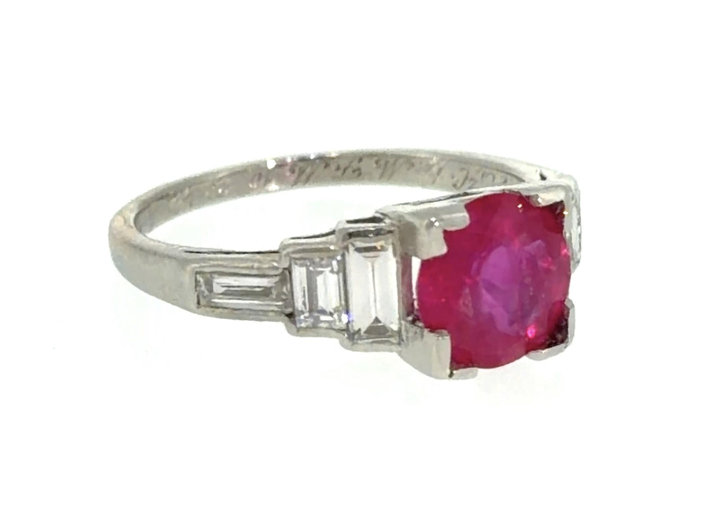 Art Deco 1.51ct Round Ruby .78ct Baguette Diamond Platinum Ring (Vintage 1930s)