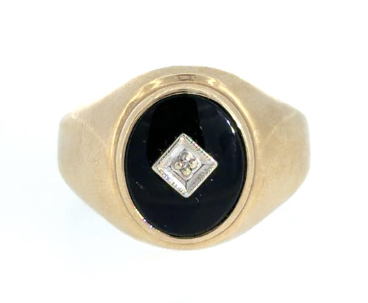Art Deco .02ct Diamond & Onyx 10K Yellow Gold 3.85gr Ring Circa 1930s Size 9.50