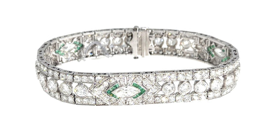 Original Art Deco 12ct Diamond .60ct Emerald Platinum Bracelet 33.25g 7"