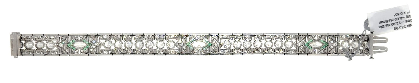 Original Art Deco 12ct Diamond .60ct Emerald Platinum Bracelet 33.25g 7"