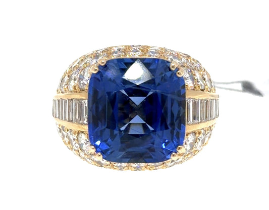 15.77ct Cushion Sapphpire 6ct Diamond 18KY Gold Cocktail Ring 17.60g 8 Size