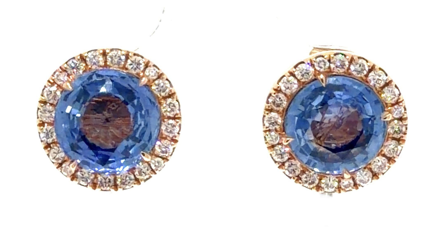 3.83ct Ceylon No Heat Round Blue Sapphire .20ct Diamond 18KR Gold Earrings