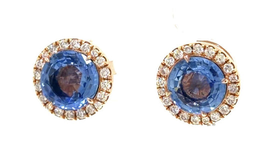 3.83ct Ceylon No Heat Round Blue Sapphire .20ct Diamond 18KR Gold Earrings