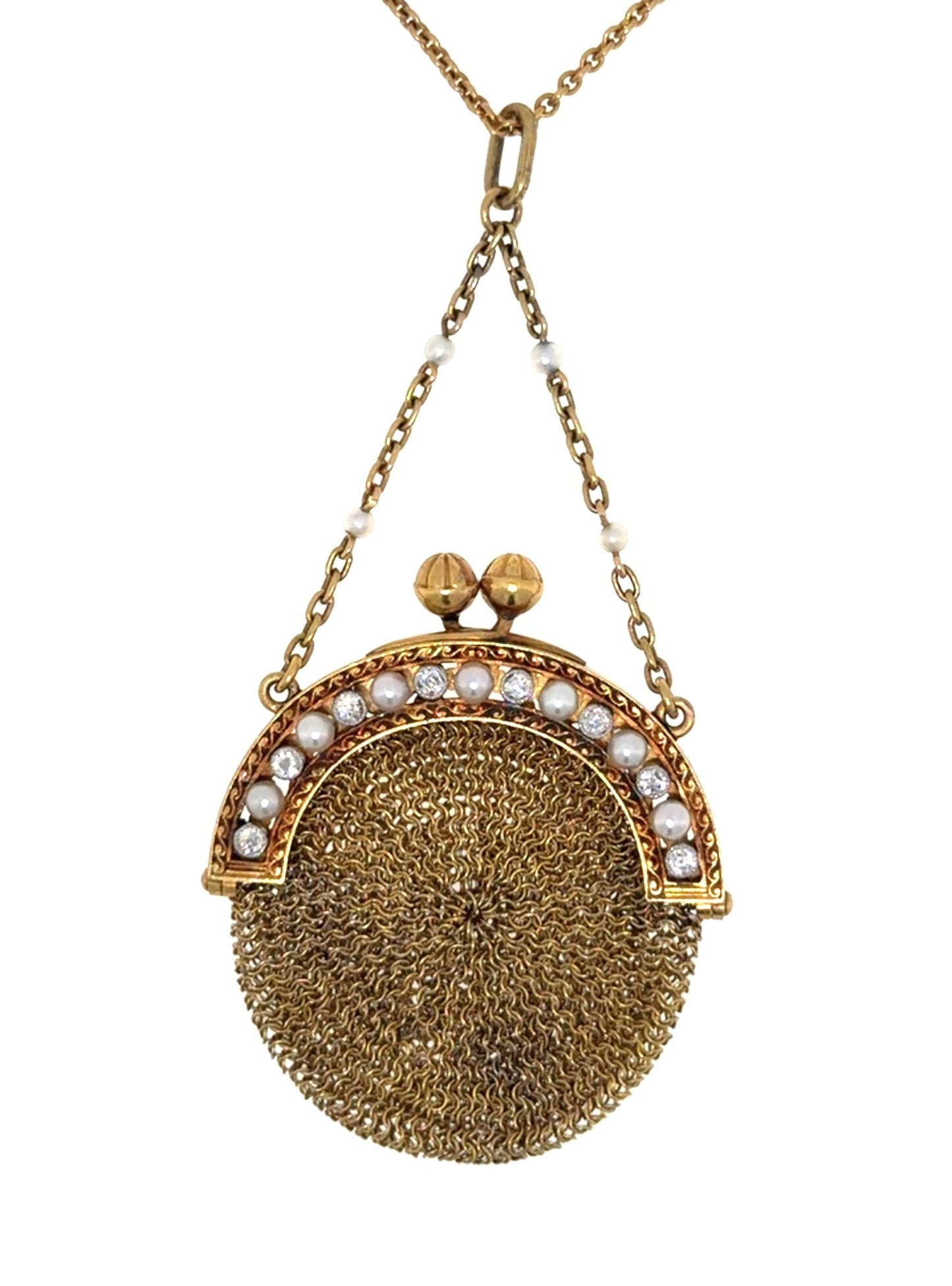 Original Victorian/Edwardian 18KY Gold Miniature Mesh Coin-Purse Pendant .50ct
