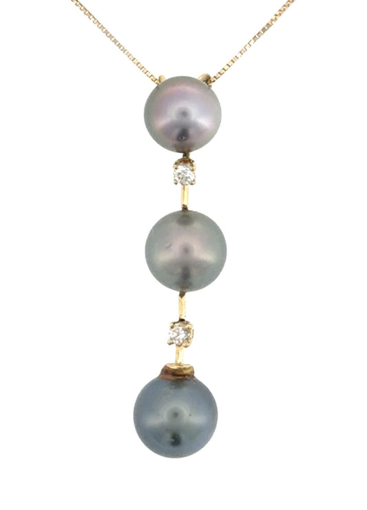 8.8-9.60mm Black Tahitian Pearl 18KY Gold Pendant .14ct Diamond 5.08g 1.75" 18"