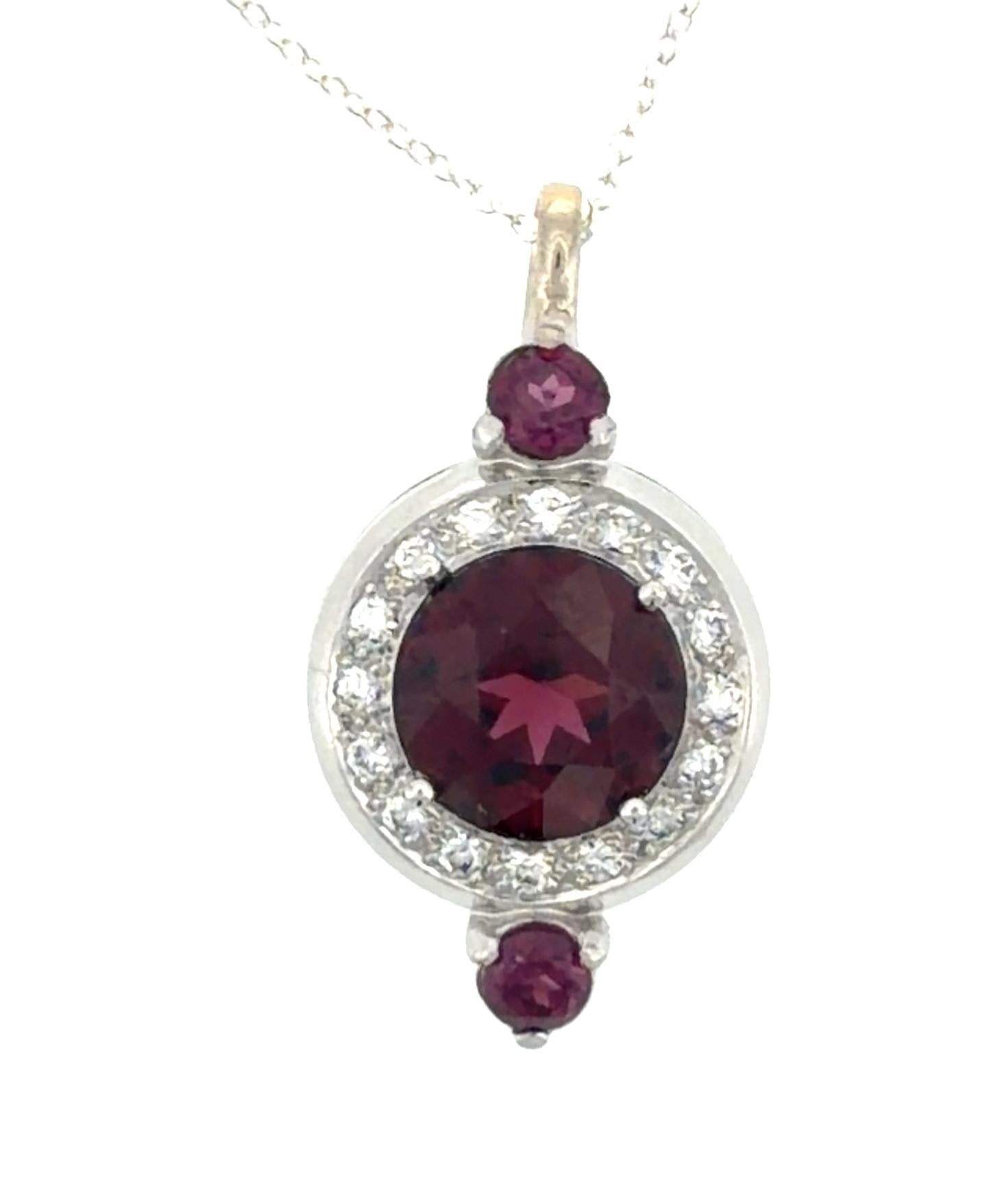 3.75ct Round Garnet 14KW Gold Pendant .24ct Dia .38ct Ruby 3.75g Silver Chain