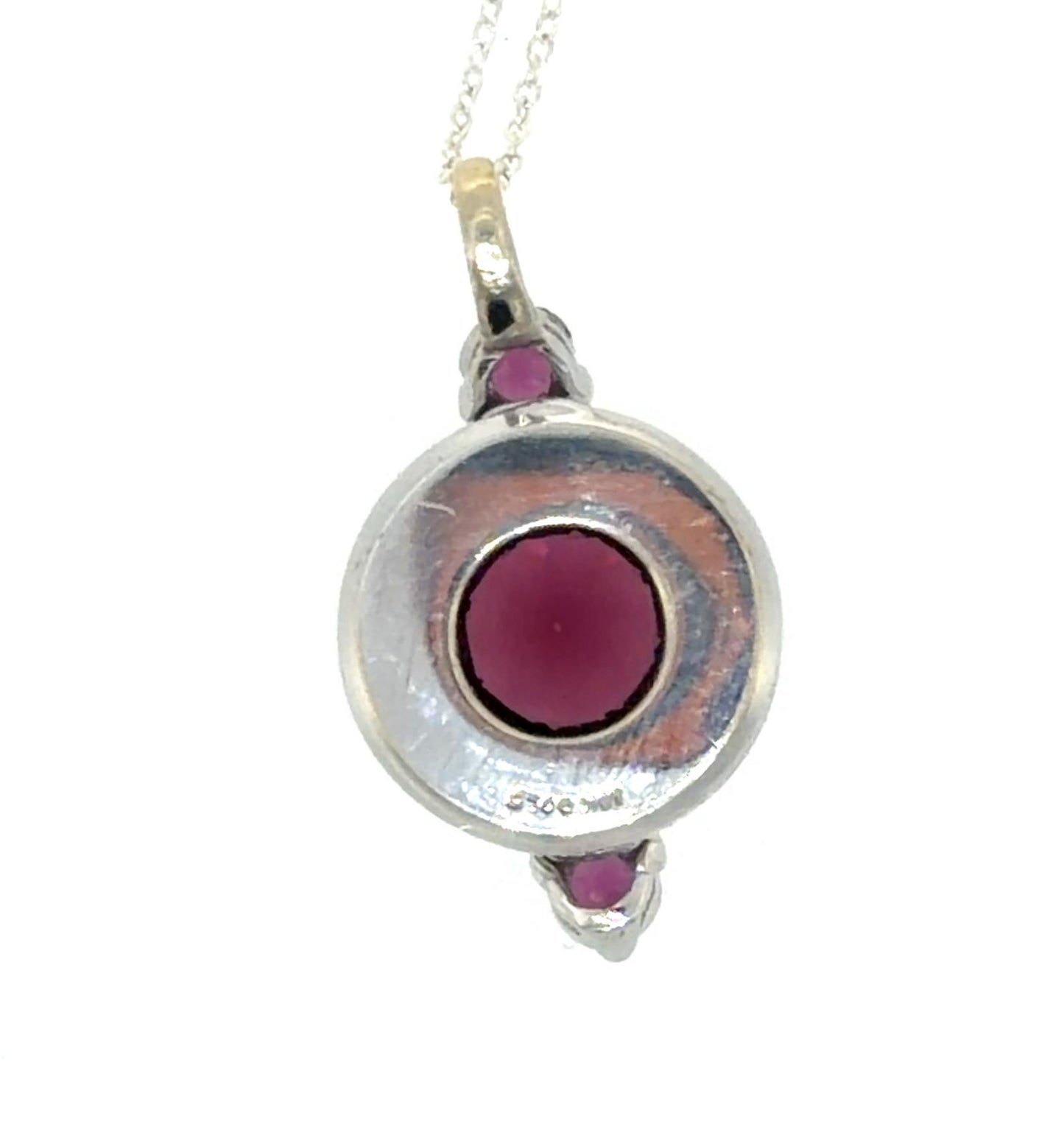 3.75ct Round Garnet 14KW Gold Pendant .24ct Dia .38ct Ruby 3.75g Silver Chain